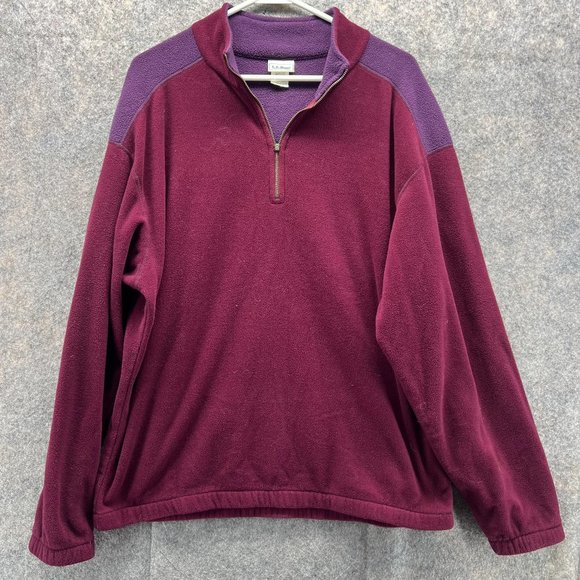 LL Bean Sweater Men Large Burgundy 1/4 Zip Sweatshirt Warm Outdoors Fleece VTG - Picture 1 of 12